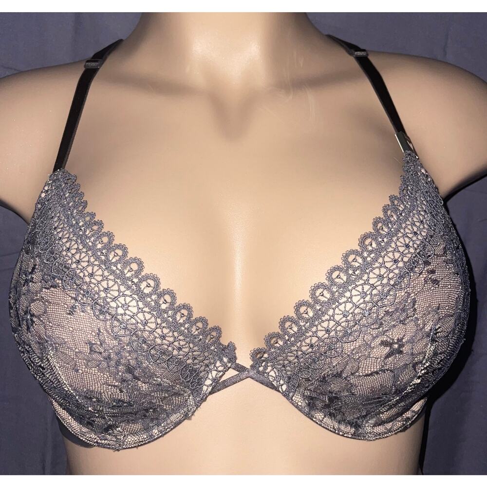 32D GRAY LACE VICTORIA'S SECRET UNLINED HALTER PLUNGE BRA